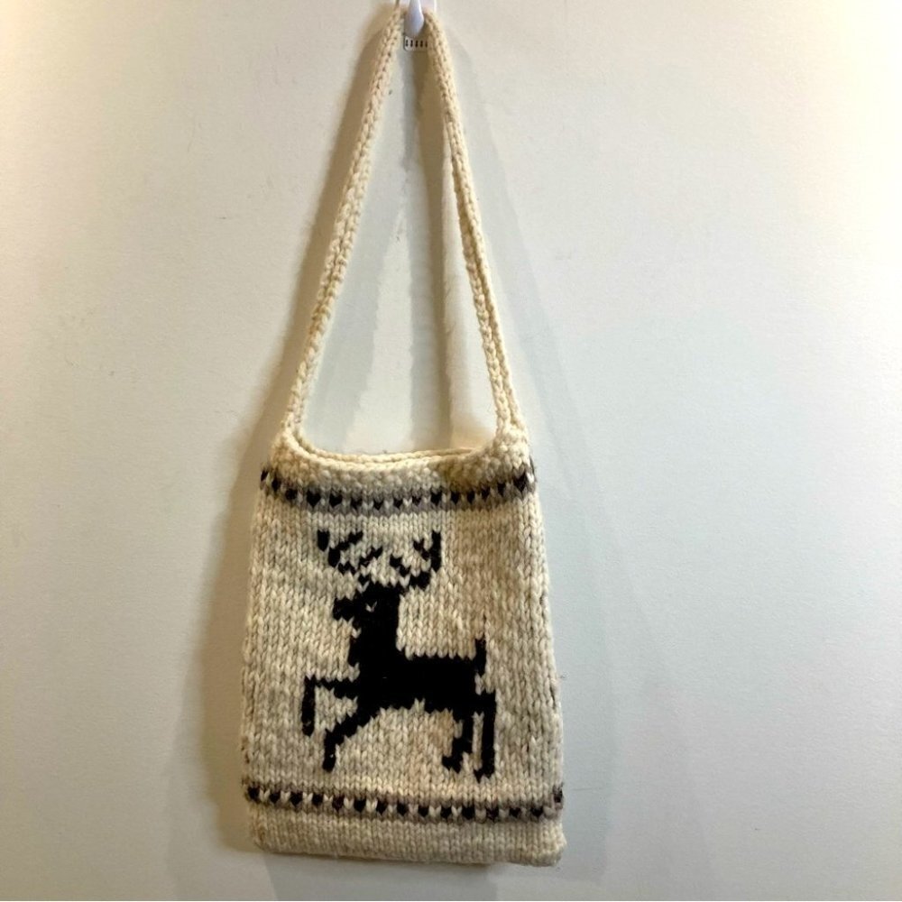 Handmade Hand Knitted Thick Wool Deer Motif Shoulder Bag Tote